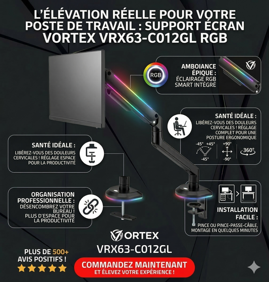 Support écran VORTEX VRX63-C012GL RGB éclairage ergonomique 360° gaming bureau Algérie DahuaDZ