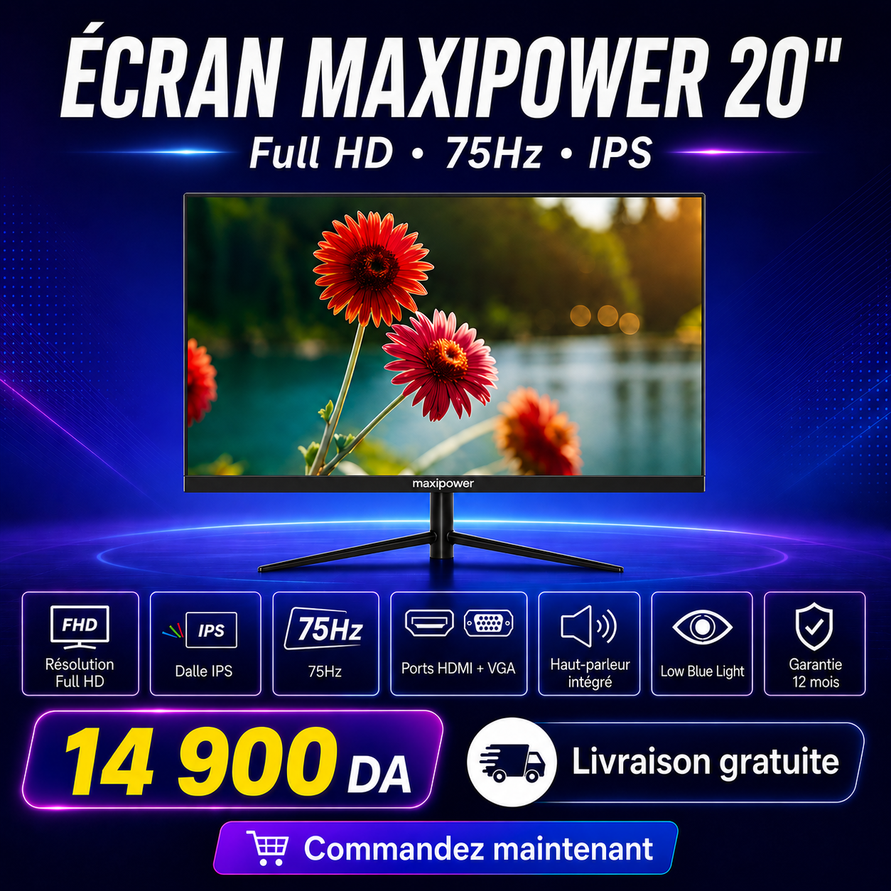 ECRAN MAXIPOXER 20POUCE FULL HD  IPS 75HZ BAF INTEGRE