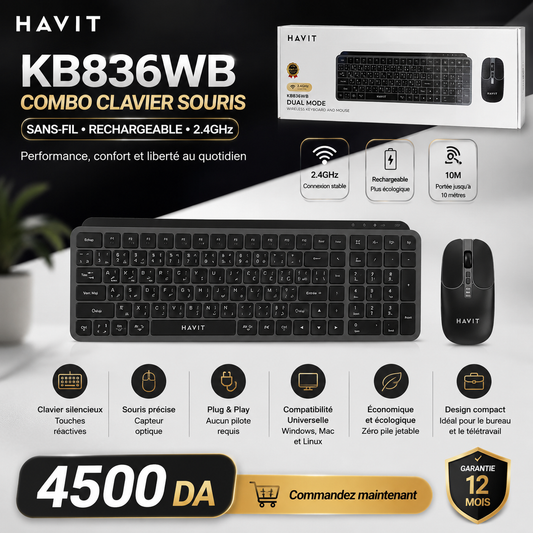 Combo Clavier Souris KB836WB Havit Sans-fil RECHARGABLE  2.4GHz