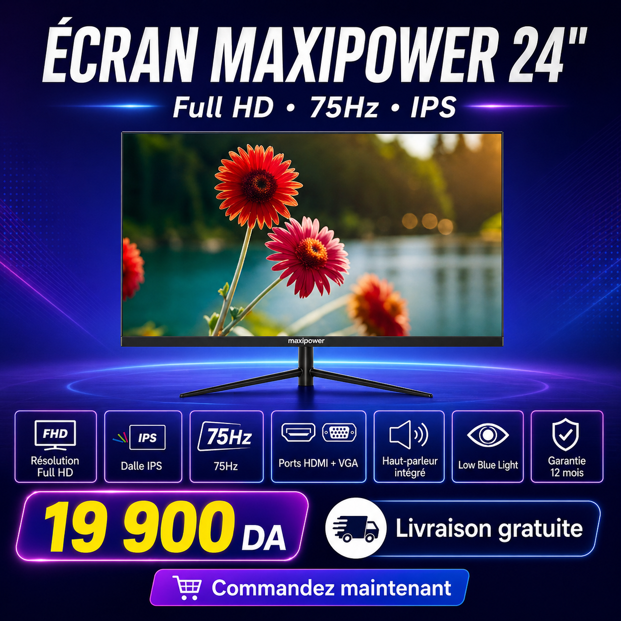 ECRAN MAXIPOXER 24POUCE FULL HD  IPS 75HZ BAF INTEGRE