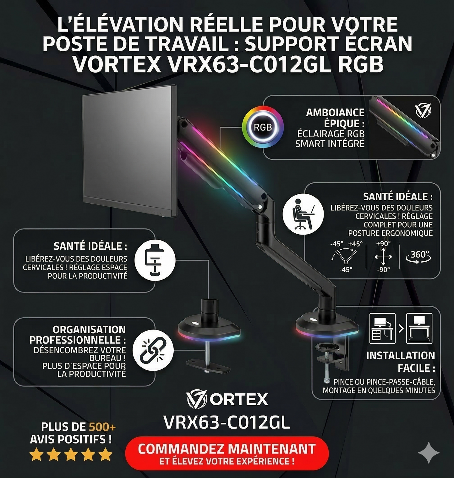 Support Écran  VORTEX (1 écran) avec Éclairage RGB