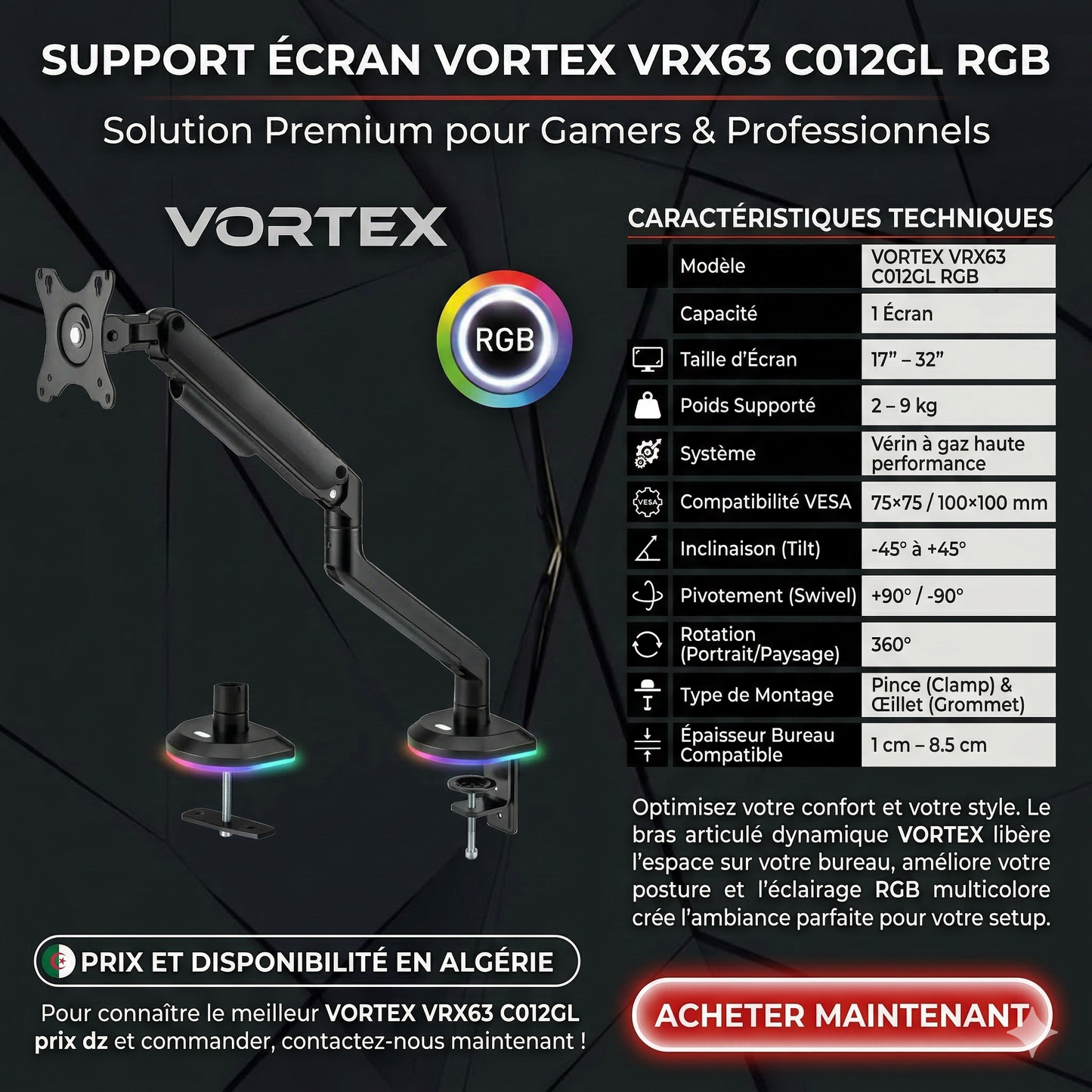 Support Écran  VORTEX (1 écran) avec Éclairage RGB
