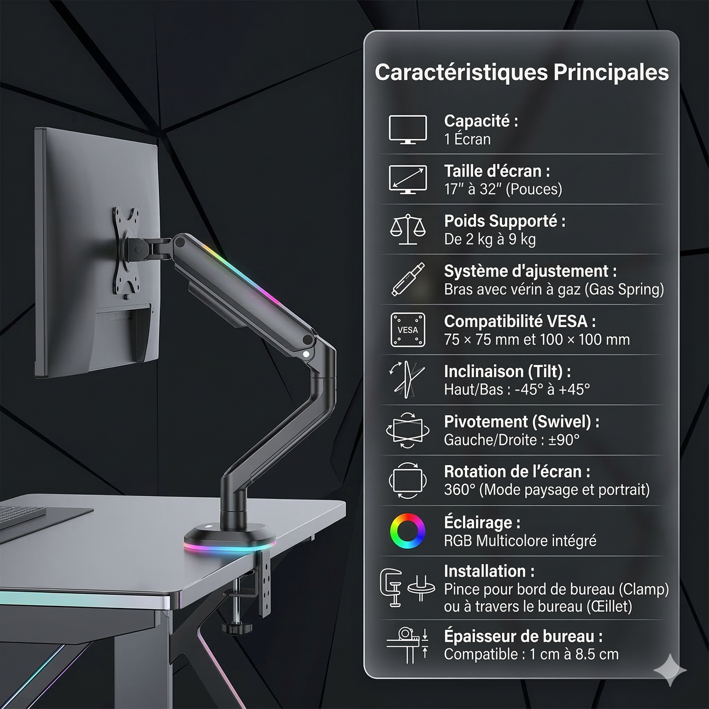Support Écran  VORTEX (1 écran) avec Éclairage RGB