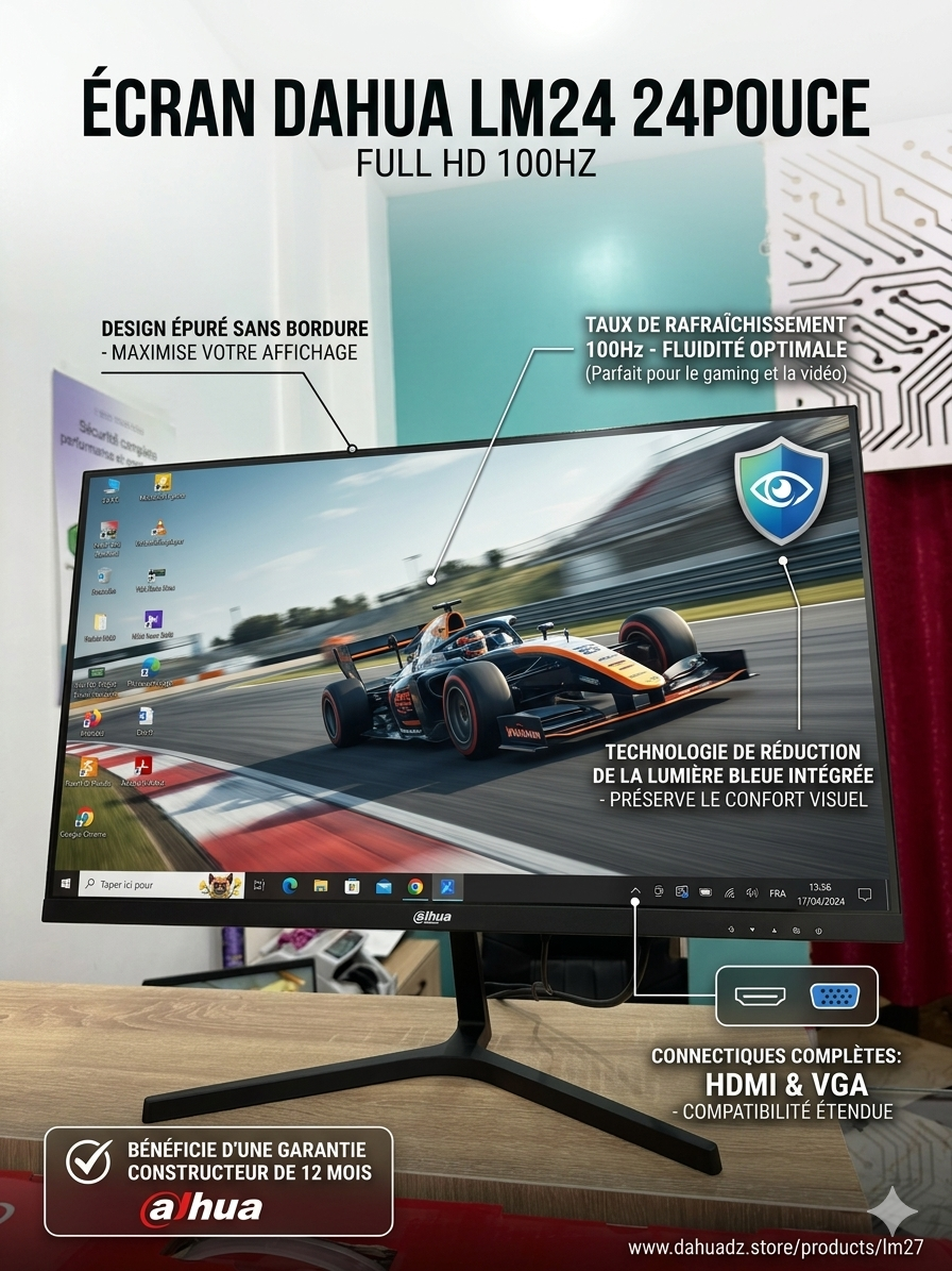 Ecran DAHUA LM24 24 pouces Full HD 100Hz filtre lumière bleue affiche caractéristiques Algérie DahuaDZ